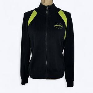 Vtg Ralph Lauren Active LRL Zip Front Sweater Sz L Black Neon Green Logo Preppy